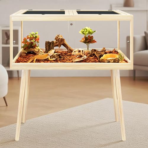 Bearded Dragon Tank with Leg Stand 81 Gallons, Wooden Lizard Tank,Reptile Tank with Metal Mesh Roof Door, Acrylic Panel Snake Tank with Lock Design (Oak, 48"x20"x20") - color: Oak, size: 48"x20"x20"