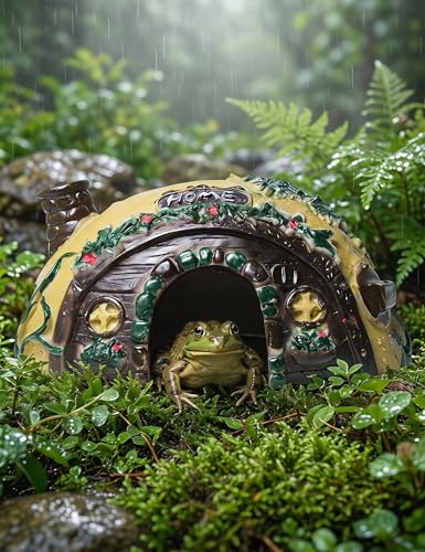 Toad House Resin Reptile Hideout Cave for Frogs Snakes | Yellow and brown half ellipsoid rock, durable habitat decor for garden indoor pet tanks, easy to clean open bottom shell