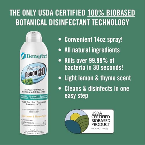 Benefect Botanical Decon 30 Disinfectant Cleaner, 14 oz. Ready-To-Use Spray, Hospital Grade Disinfectant, Kills Over 99.99% of Germs, Safe for Food-Contact Surfaces (Light Lemon & Thyme Scent) - size: 14 Fl Oz (Pack of 1)