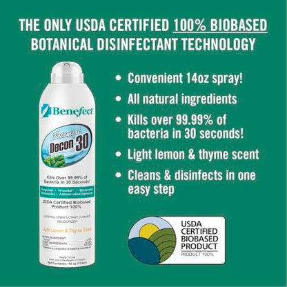 Benefect Botanical Decon 30 Disinfectant Cleaner, 14 oz. Ready-To-Use Spray, Hospital Grade Disinfectant, Kills Over 99.99% of Germs, Safe for Food-Contact Surfaces (Light Lemon & Thyme Scent) - size: 14 Fl Oz (Pack of 1)