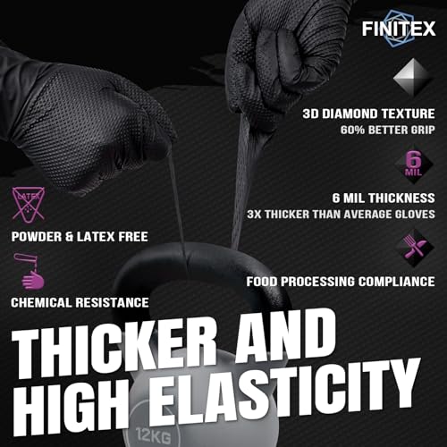 FINITEX Industrial Diamond Texture Nitrile Black Glove - 100/1000PCS Chemical Resistant 6.3mil Mechanic Disposable Gloves - color: Black (Medium 1000)