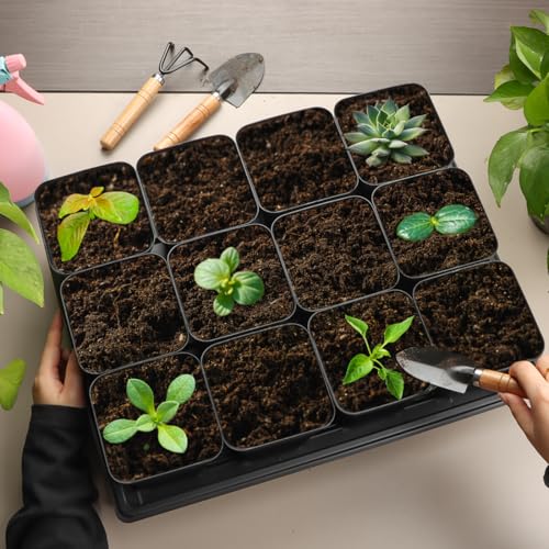 RooTrimmer 3.15 inch (8CM) Square Nursery Pots 100 pcs, Sturdy Seedlings Trays 5 Pcs, Seeds Starter Germination Tray, Microgreening Planter Nursery Propagation 5 Sets - size: 3.15" Pots-100P + 16.2" x 13.2" x 2.6" Trays-5P