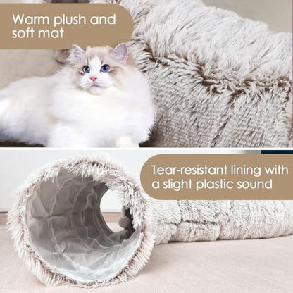 Peekaboo Cat Cave with Washable Mat, Collapsible Cat Play Tunnel for Kittens & Small Pets, Plush Cat Donut Bed Tunnel, Brown - color: brown