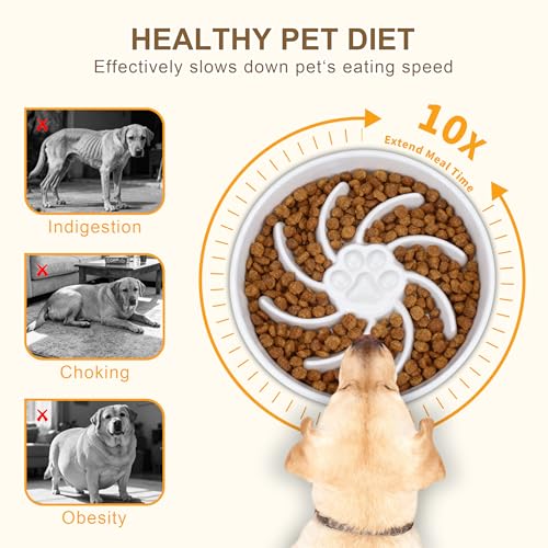 Ceramic Slow Feeder Dog Bowl, 3 Cup Dog Food or 25oz Water, Slow Eating Bowl for Middle Breed, Maze Puzzle Feeder for Fast Eaters, Anti-Choking Stop Bloat, Non-Slip BPA Free (White) - color: White