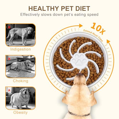 Ceramic Slow Feeder Dog Bowl, 3 Cup Dog Food or 25oz Water, Slow Eating Bowl for Middle Breed, Maze Puzzle Feeder for Fast Eaters, Anti-Choking Stop Bloat, Non-Slip BPA Free (White) - color: White