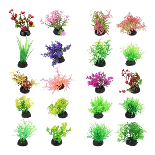 Veemoon 40 Pcs Artificial Aquarium Plants Fish Tank Decor, 1.97 Inches Mixed Style Plastic Aquatic Weeds, Small Fake Terrarium Vegetation Betta Turtle Accessories
