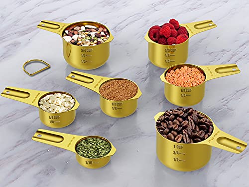 Wildone Gold Measuring Cups & Spoons Set of 21 - Includes 7 Stainless Steel Nesting Measuring Cups, 8 Measuring Spoons, 1 Leveler & 5 Mini Measuring Spoons, Ideal for Dry & Liquid Ingredients - color: Gold