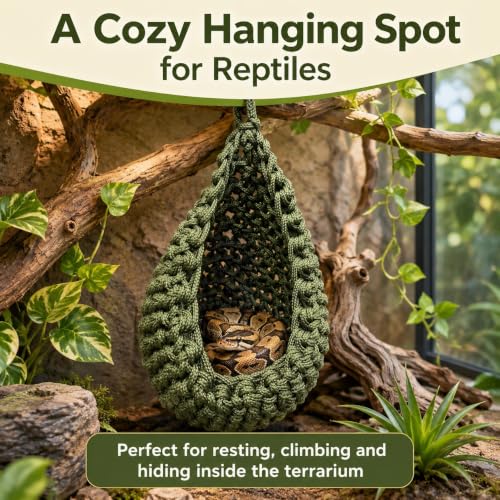 Snake Hammock for Terrarium, Handwoven Reptile Hanging Sleep Pouch, Soft Rope Hideout for Gecko, Small Lizard Tank Accessories(Black) - color: Black