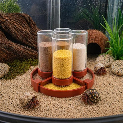 Hermit Crab Feeder with 4 Glass Bottles and Feeding Trays | 4 removable bottles with trays keep crabitat feeding organized. Easy to refill and suitable for hermit crabs and reptiles. - color: Brown