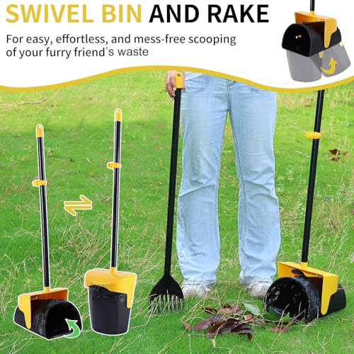 ienjoyed Pooper Scooper Large Swivel Bin & Rake with 160 Waste Bags,Heavy Duty Dog Pooper Scooper with Bag Attachment for Dogs, Long Handle Poop Scooper with Lid for Yard, Grass, Gravel(Yellow) - color: Yellow