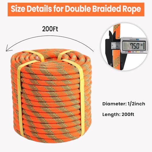 1/2 inch x 200ft Arborist Tree Climbing Rope – 48 Strand Polyester Static Bull Rope, 9000lb Breaking Strength – Heavy Duty Utility Line for Swing Pulling, Outdoor, Marine Use – ASTM F2116 Certified - size: 1/2IN x 200FT, style: Orange