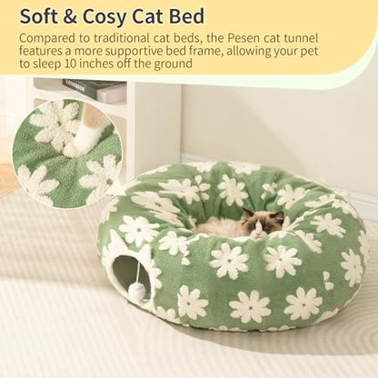 Pesen Cat Tunnel Bed with Soft Cushion for Indoor Cats and Kittens | Interactive Pet Toy Encourages Exploration, Supports Natural Instincts and Bonding for Cats, Small Dogs and Rabbits