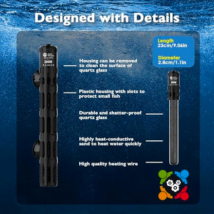 AquaMiracle Submersible Aquarium Heaters, 300W Fish Tank Heater with LED Digital Temp Display, Dry-Run Auto Power-Off & Overheat Protection, for Freshwater and Saltwater Tanks (40-75 Gal) - size: For 40-75 Gal Aquariums