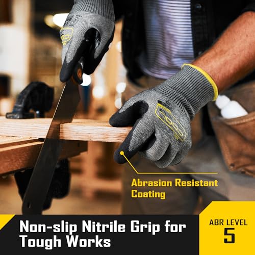 COOLJOB ANSI A5 Cut Resistant Gloves - 1/3/12 Pairs, Nitrile Rubber Dipped Safety Work Gloves for Men, Knife Proof with Grip Coating for Construction Warehouse Glass Wood Work, Grey Xlarge - size: X-Large, style: A5 Pack of 1