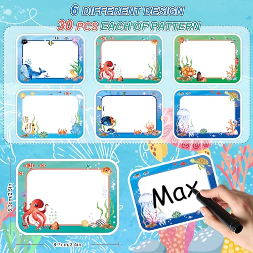 JarThenaAMCS 180 Pcs Ocean Animal Name Tag Stickers Under the Sea Nameplates Cartoon Marine Fish Self-Adhesive Label Decals for Back to School Students Teacher Desk Classroom - style: Ocean Sea