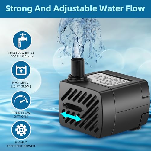 DaToo Mini Submersible Fountain Water Pump With LED Light 50GPH 3W Small Ultra Quiet Water Pump With Tubing For Aquarium Fish Tank Outdoor Pond Water Feature Fountain Statuary - size: 50GPH 3W(4 LED)