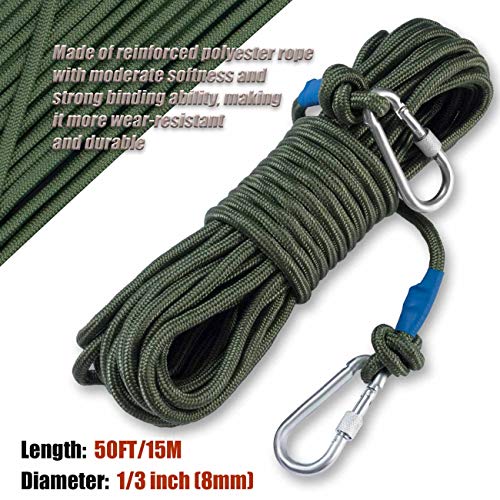 Grappling Hook with Rope-Includes Nylon Rope 6/8/10mm 50FT,Functional Grapple Hook and Double Carabiner,for Magnet Fishing/Drag/Tree Limb Removal - style: Big+1/3″rope-green