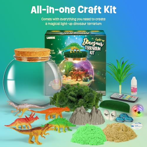 Dinosaur Terrarium Kit, Dinosaur Toys for Kids 5-7, Birthday Gifts for Boys | DIY terrarium with 13 LED colors and 5 dinosaur miniatures; science craft kit and birthday gifts for boys ages 5-12 - style: Dinosaur Kit