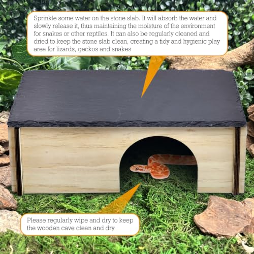 PINVNBY Large Bearded Dragon Basking Platform, Wooden Snake Hide, Ball Pythons Hide with Slate Rock, Leopard Gecko Tank Accessories for Geckos, Crested Gecko Chameleon Turtles (L: 11.8x7.87 inches) - size: L: 11.8x7.87 inches