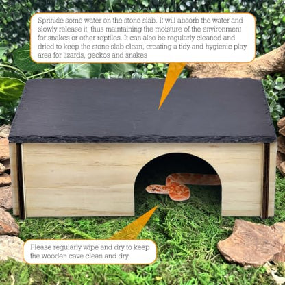 PINVNBY Large Bearded Dragon Basking Platform, Wooden Snake Hide, Ball Pythons Hide with Slate Rock, Leopard Gecko Tank Accessories for Geckos, Crested Gecko Chameleon Turtles (L: 11.8x7.87 inches) - size: L: 11.8x7.87 inches