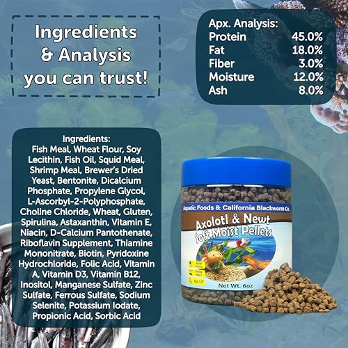 Axolotl Pellet Food 1/8" Soft Moist Sinking Pellets for Juvenile Axolotl Also Shrimp, Snails, Crayfish, Bottom Tropical Fish, Blackworm Pellets Included 6oz Canister