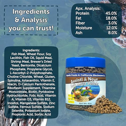 Axolotl Pellet Food 1/8" Soft Moist Sinking Pellets for Juvenile Axolotl Also Shrimp, Snails, Crayfish, Bottom Tropical Fish, Blackworm Pellets Included 6oz Canister