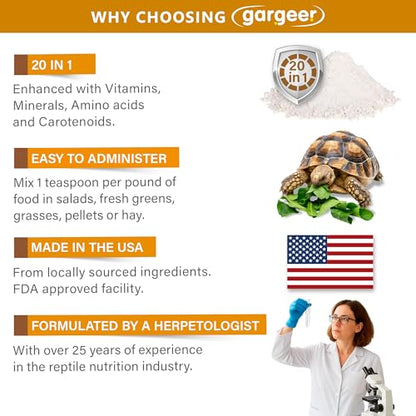 Gargeer 3oz Grassland Tortoise Multivitamins & Minerals Powder. Made in USA | High-fiber multivitamin & mineral topper! Timothy hay powder, probiotics & calcium support grassland tortoise digestion