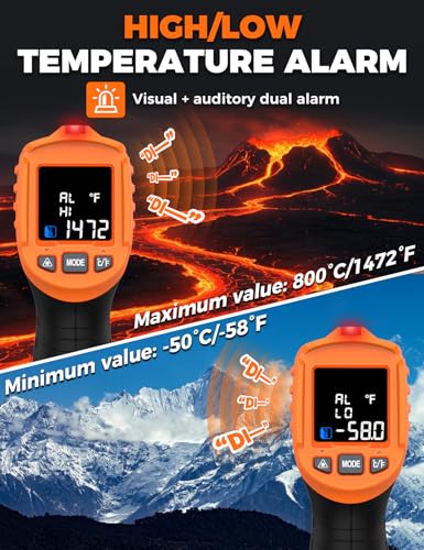 4 in 1 Temperature Gun POROMETISTO 4 Types of Alarm Setting | -58-1472°F For Infrared/Ambient Temperature Humidity Infrared Thermometers,Industrial Laser Thermometer Gun with K-Type Probe