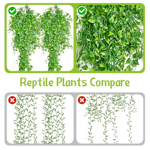 Hamiledyi Reptile Plants for Terrarium Hanging Fake Leaves with Suction Cup | 5 Pack Artificial Snake Foliage, Bearded Dragon Tank Greenery Reptile & Amphibian Habitat Plant for Chameleon Gecko (Green) - size: 5 PCS - Style 4