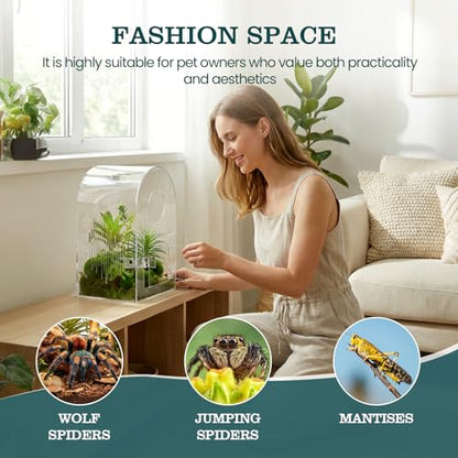 Jumping Spider Enclosure Kit, Clear Acrylic, No Assembly Needed | Micro-vent airflow, 360-degree view, Pre-assembled, Magnetic feeding dish, Tweezers included, For spiderlings and mantises