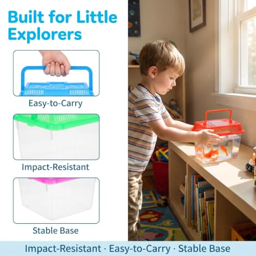 NOLITOY 4 pcs Thick Plastic Portable Fish Tank Mini Aquarium Travel Carrier | Clear Viewing Box, Sturdy Handle Design, Turtle Breeding Habitat, Multi Color Theme, Reptile Clinic Transport Gear, 5.90 inch