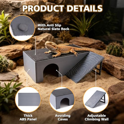 3 in 1 Reptile Basking Platform for Bearded Dragon, Leopard Gecko | Large Reptile Hides and Caves, with Adjustable Climbing Ramp & Heat Absorbing Slate Rock, 12.2×6.3×3.9 Inch