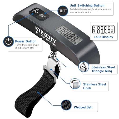 Etekcity Luggage Scale, Digital Suitcase Weight Scale for Travel, 110 lb | Travel Essentials, Air Travel, Suitcase, Hanging Hook, Rubber Grip, Battery Included, Easy-to-Read Display - color: Charcoal Gray