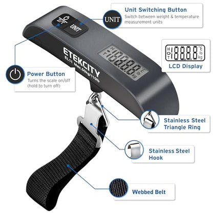 Etekcity Luggage Scale, Digital Suitcase Weight Scale for Travel, 110 lb | Travel Essentials, Air Travel, Suitcase, Hanging Hook, Rubber Grip, Battery Included, Easy-to-Read Display - color: Charcoal Gray