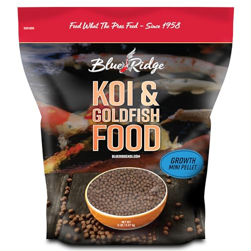 Blue Ridge Koi Fish Food 5lb - Koi Food Mini Growth Formula, Goldfish Food, Premium Fish Food for Ponds, Ponds Fish Food, Floating Pond Pellets - size: 5 Pound (Pack of 1)
