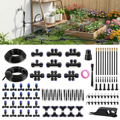 Drip Irrigation System 130FT with 10 Bendable Nozzles, 10 Misting Emitters, 10 8-Outlet Drip Emitters, 1/2 & 1/4 Inch Hoses – Garden Watering & Misting Kit for Yard, Lawn, Greenhouse - color: 30 ft hose (1/2 in OD）+100 ft hose (1/4 in OD）