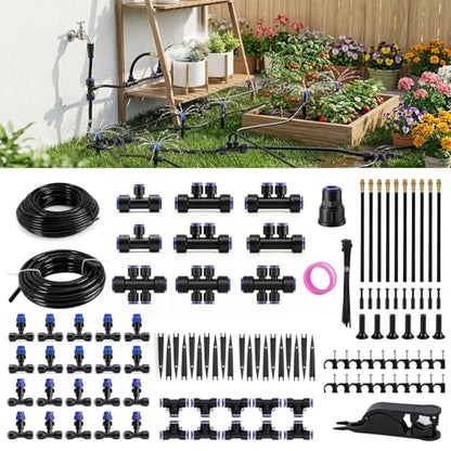 Drip Irrigation System 130FT with 10 Bendable Nozzles, 10 Misting Emitters, 10 8-Outlet Drip Emitters, 1/2 & 1/4 Inch Hoses – Garden Watering & Misting Kit for Yard, Lawn, Greenhouse - color: 30 ft hose (1/2 in OD）+100 ft hose (1/4 in OD）
