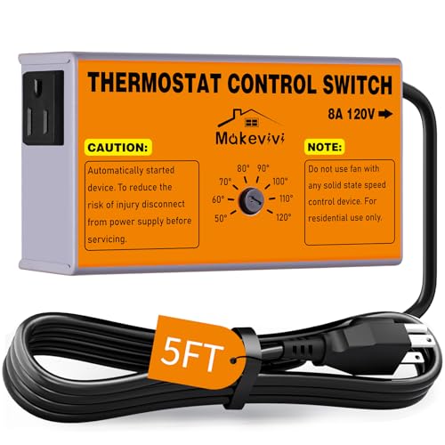 Attic Fan Thermostat Control, Plug & Play Socket Design, 5Ft | UL-Certified Cord, Precision Temperature Control (±1.8°F), 1600W Overload Protected, Garage Workshop Greenhouse Chicken Coop