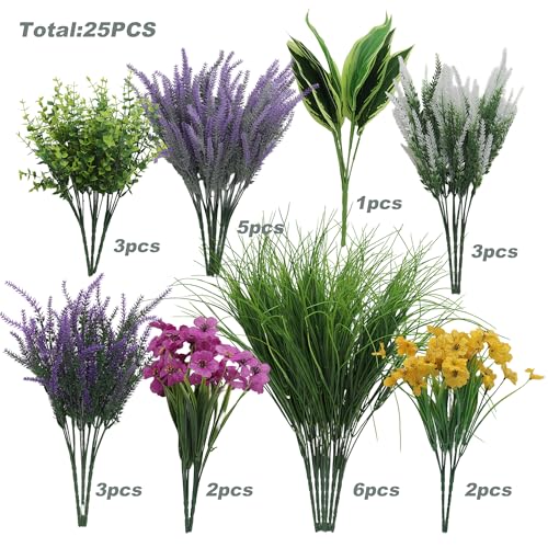 25PCS Artificial Plants Outdoor, Faux Lavender Flower Greenery Stem Outside | UV Resistant Fake Plants, Artificial Flowers for Outdoors Planters, Garden Patio Porch, Window Box, Spring Summer Home Decor - color: Lavender Flower