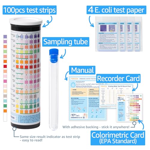 17 in 1 Water Testing Kits for Drinking Water, 100 Strips + 4 Bacteria Tests, Tap and Well Water Test Kit Easy to Test and Read for Hardness, Lead, Iron, pH, Copper, Bacteria and More