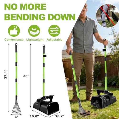 Pooper Scooper Swivel Bin & Rake with 50 Waste Bags, 38" Long Adjustable Handle Dog Poop Scooper for Yard Large Medium Small Dog, Easy to Clean Pet Waste Use on Grass, Dirt, Concrete or Gravel