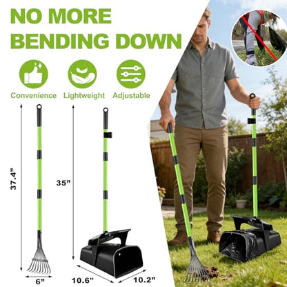 Pooper Scooper Swivel Bin & Rake with 50 Waste Bags, 38" Long Adjustable Handle Dog Poop Scooper for Yard Large Medium Small Dog, Easy to Clean Pet Waste Use on Grass, Dirt, Concrete or Gravel