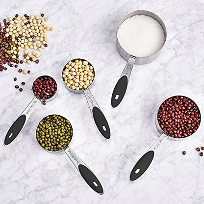 Measuring Cups & Spoons Set of 16, Wildone Stainless Steel Measuring Cups and Measuring Spoons with Black Silicone Handle, Including 8 Nesting Cups, 8 Spoons, for Dry and Liquid Ingredient - color: Black