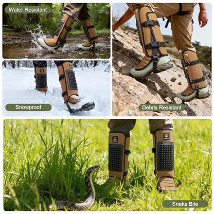 Snake Gaiters, 1200D Waterproof Snake Chaps Snake Gaiters for Men Women, Adjustable Snake Bite Protection Snake Guards for Legs Men, Snake Proof Gaiters for Hiking Hunting - color: Khaki
