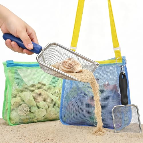 3 otters 2 Pack Beach Mesh Shovel with Mesh Beach Bag for Shell Collecting, Sand Sifters Shell Collect Bag for Kids, Great Shelling Tools