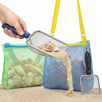 3 otters 2 Pack Beach Mesh Shovel with Mesh Beach Bag for Shell Collecting, Sand Sifters Shell Collect Bag for Kids, Great Shelling Tools
