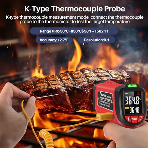 Infrared Thermometer Gun, Gedaye Laser Temperature with IR Pointer 13:1, Meat Temp Gun with Metal Probe, Adjustable Emissivity, -58℉ to 1076℉, Heat Thermometer for Cooking Pizza Oven Grill Fridge BBQ - color: Red