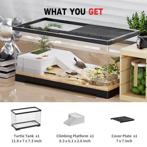 Turtle Fish Tank with Basking Platform and Bottom Drainage, 11.8" x 7" x 7.3" Aquatic Turtle Tank for Juvenile Turtle, Crayfish, Crabs, Amphibians, Reptiles, PC Material, Black Color