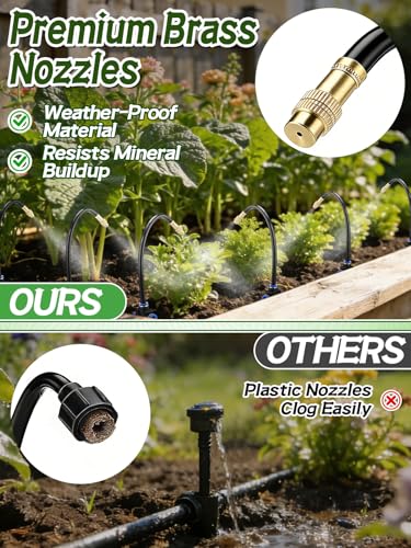 49ft Drip Irrigation System Kit for Raised Bed Plants Lawn | with 15pcs 360° Adjustable Copper Nozzle, PE Tubing, 1/2" & 3/4" Faucet Adapters, Automatic Garden Watering Sprinkler System