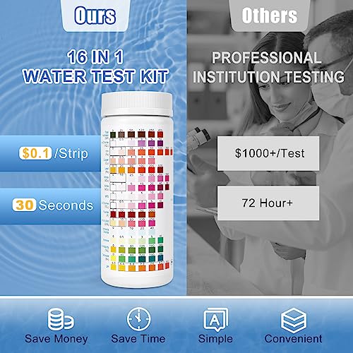 16 in 1 Water Test Kit with 125 Test Strips for Home Water Quality Testing | Drinking Water Test Strips, Well and Tap Test Kit for pH, Hardness, Chlorine, Lead, Iron, Copper, Nitrate, Nitrite, etc - size: 16 IN 1
